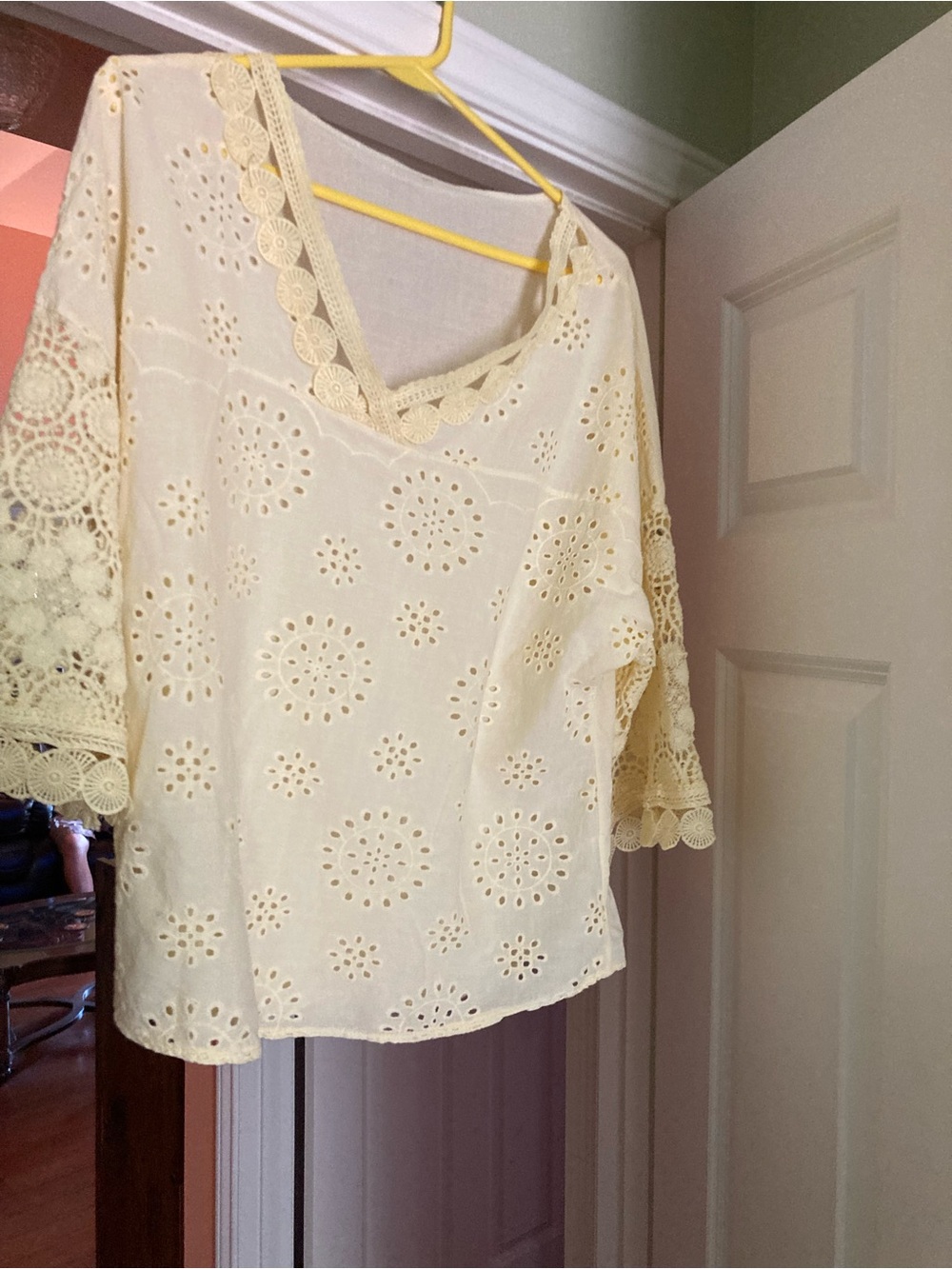 Cream Eyelet V-Neck Lace Sleeve Women's Blouse